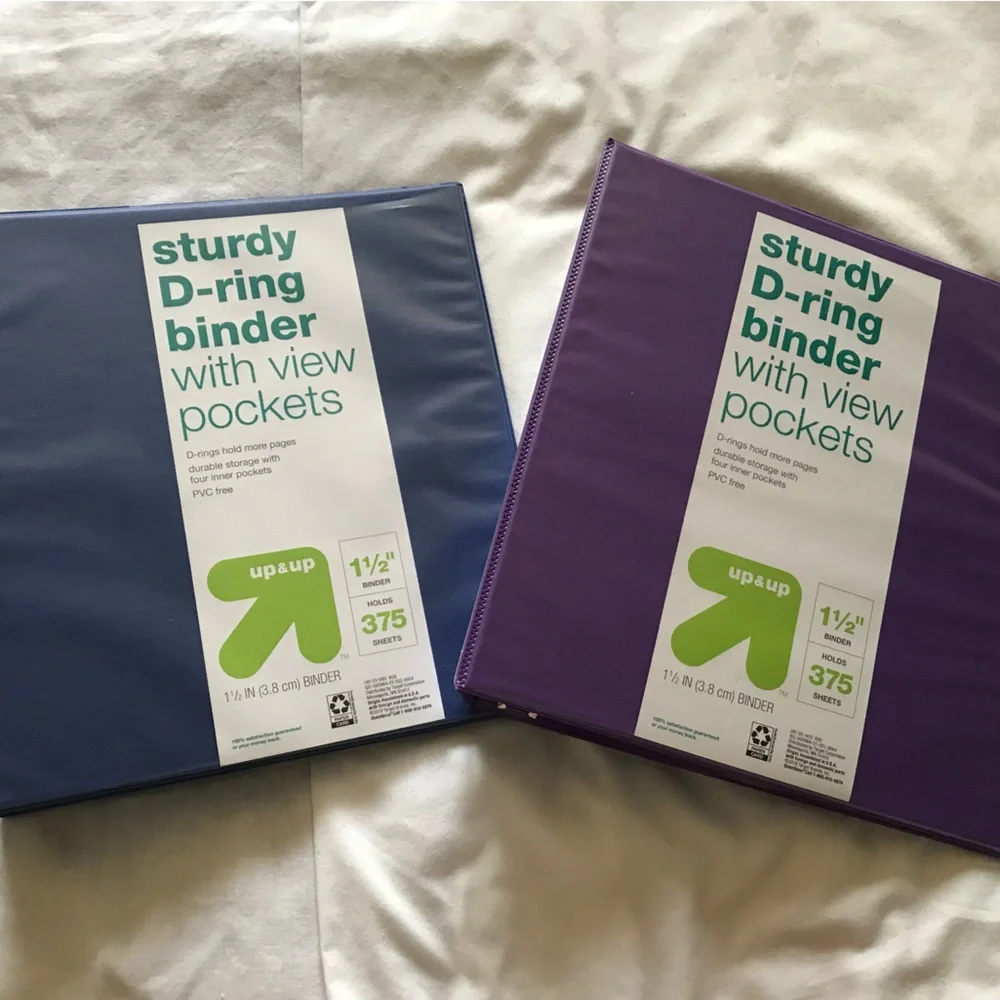 Set of 5 1 1/2” D-Ring Binders w View Pockets in Red, Yellow, Blue, Purple (2)
